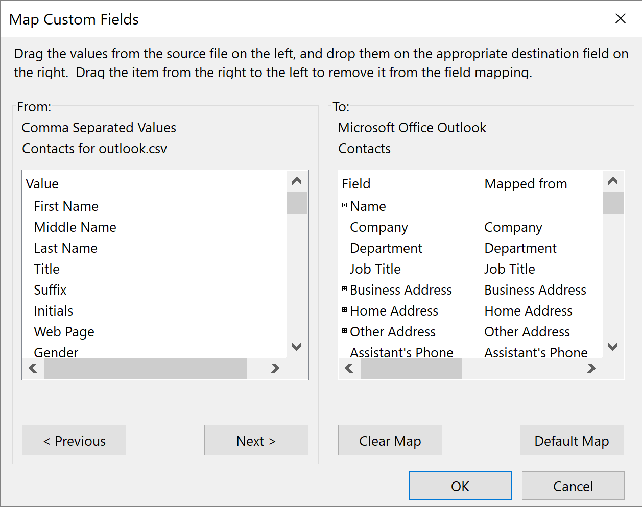 Contact Field Mapping Outlook