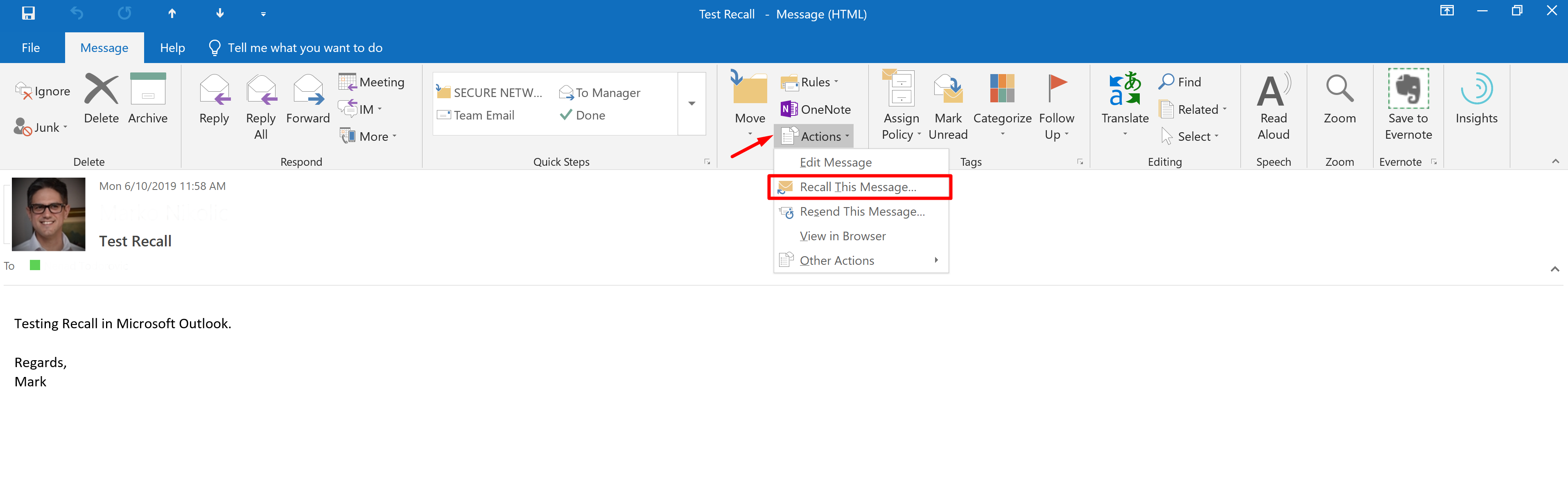 how to you recall an email in outlook