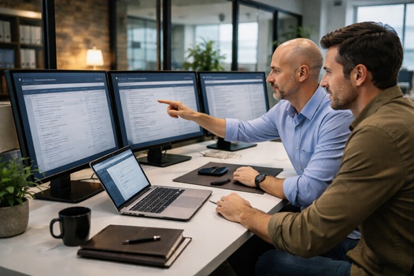 Small business owner reviewing IT systems before upgrading to managed IT services