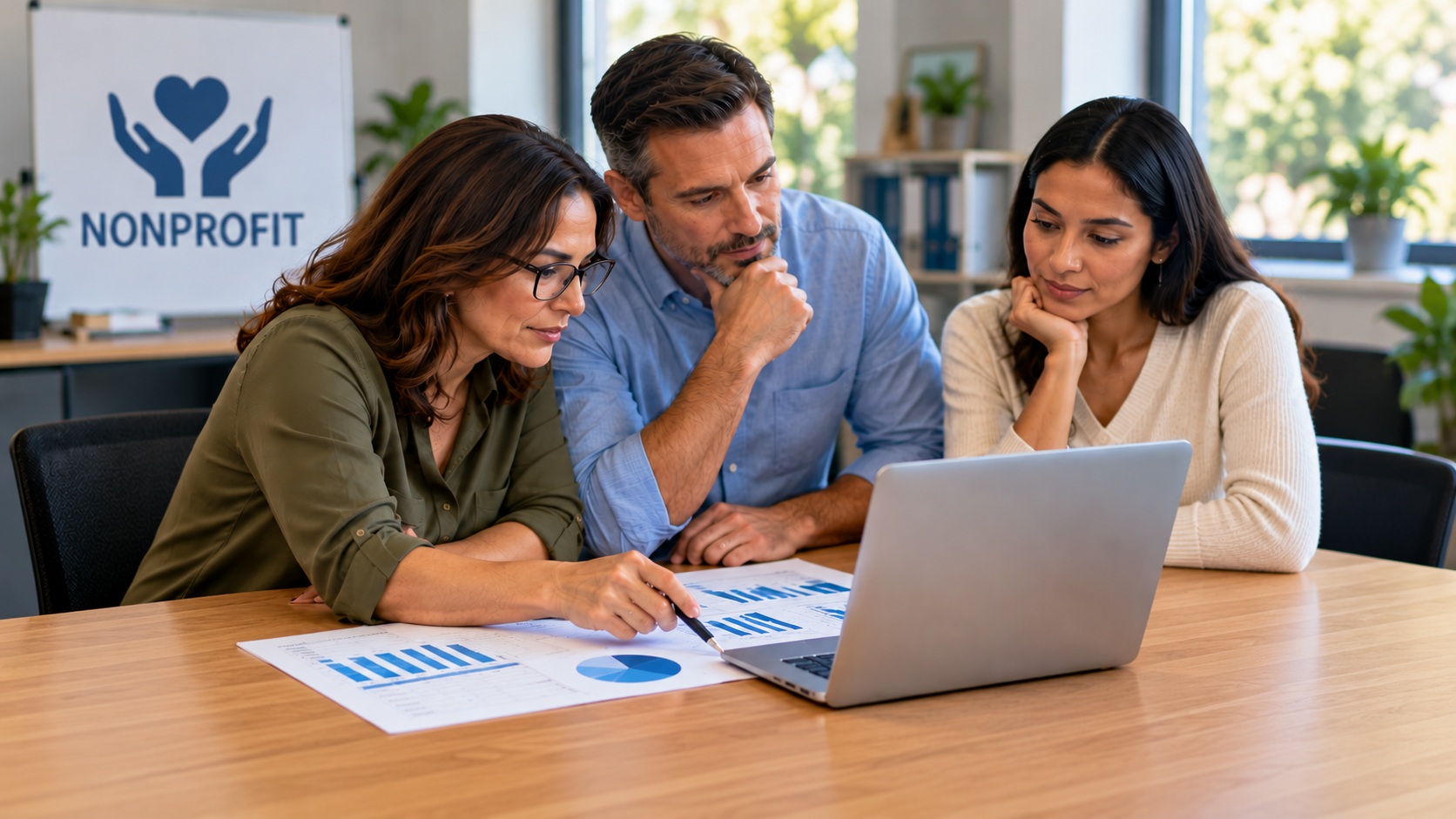 Nonprofit managers reviewing IT budget planning and annual technology expenses