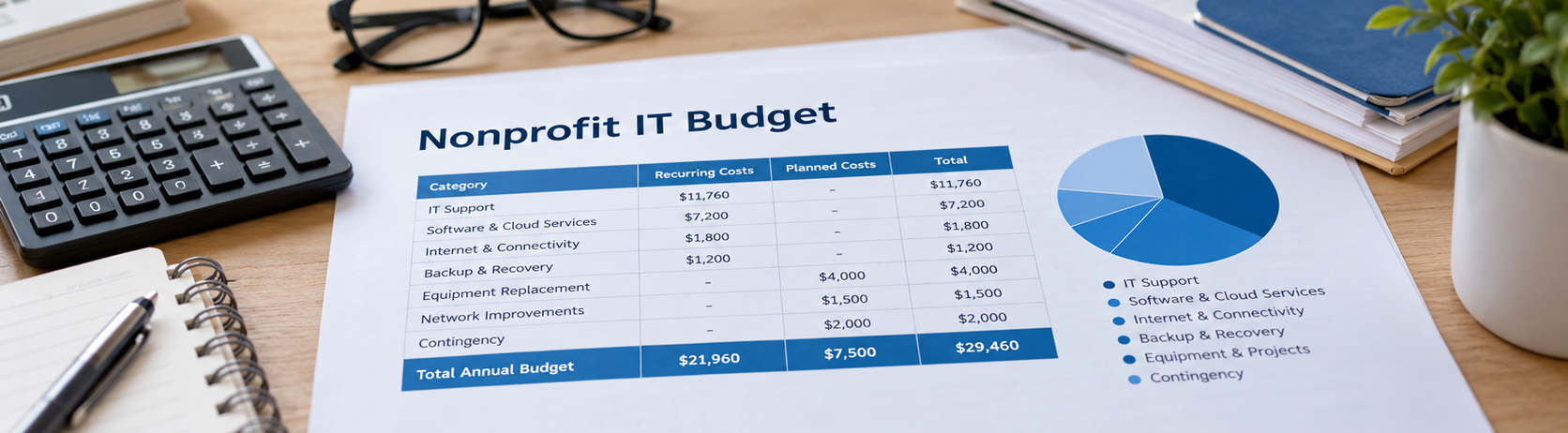 Nonprofit leadership team reviewing technology spending and financial reports during a budget planning meeting